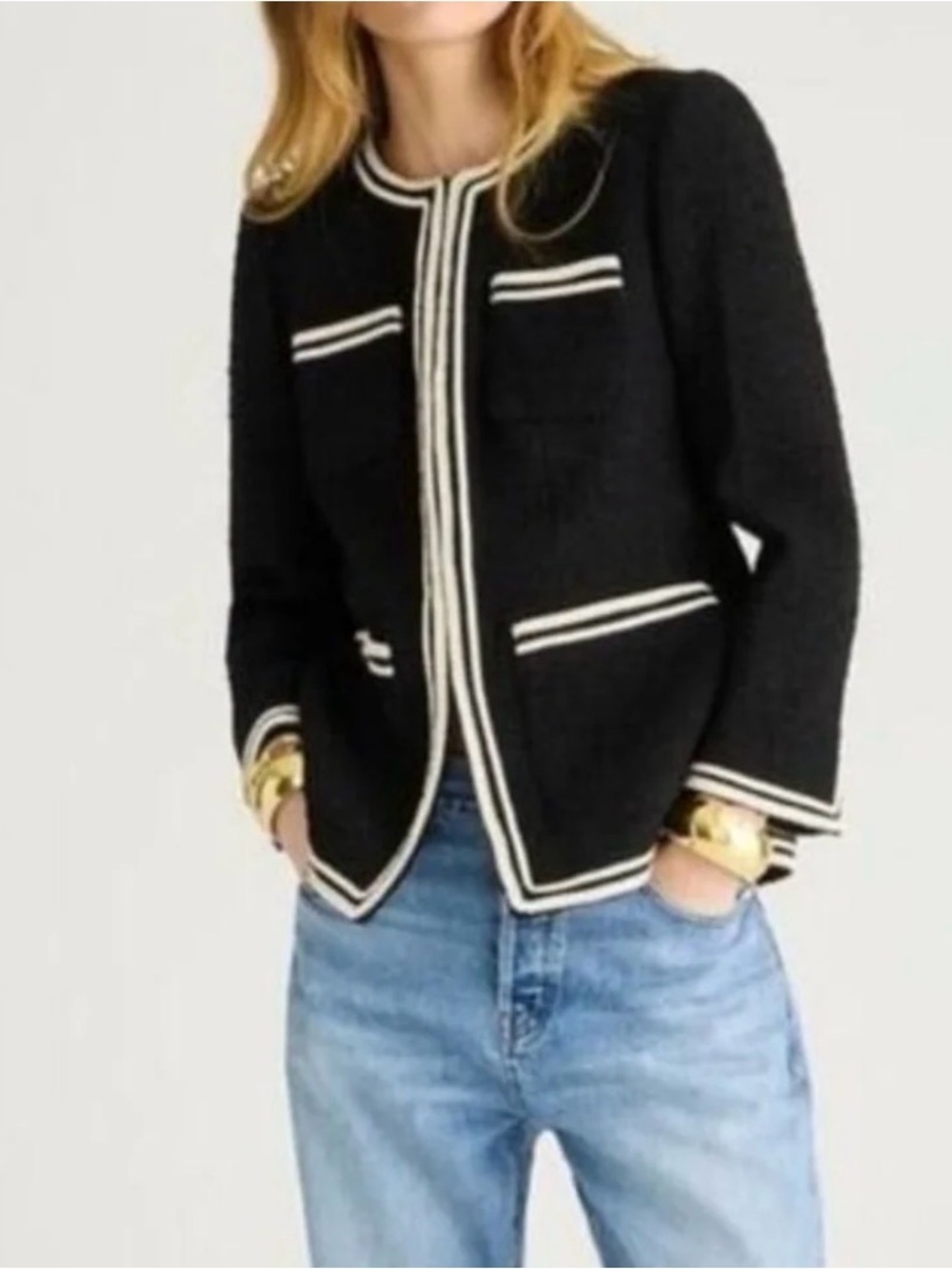 NEW J.Crew Longer Tweed Lady Jacket Black Contrast Braided Trim size 10